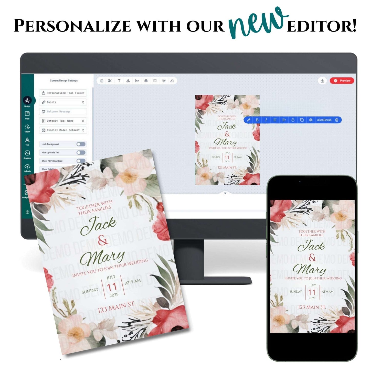 Floral wedding invitation on a computer screen with 'Personalize with our new editor' text.