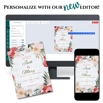 Floral wedding invitation on a computer screen with 'Personalize with our new editor' text.