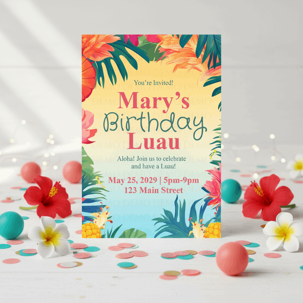 Birthday luau invitation with colorful flowers and balloons on a white background