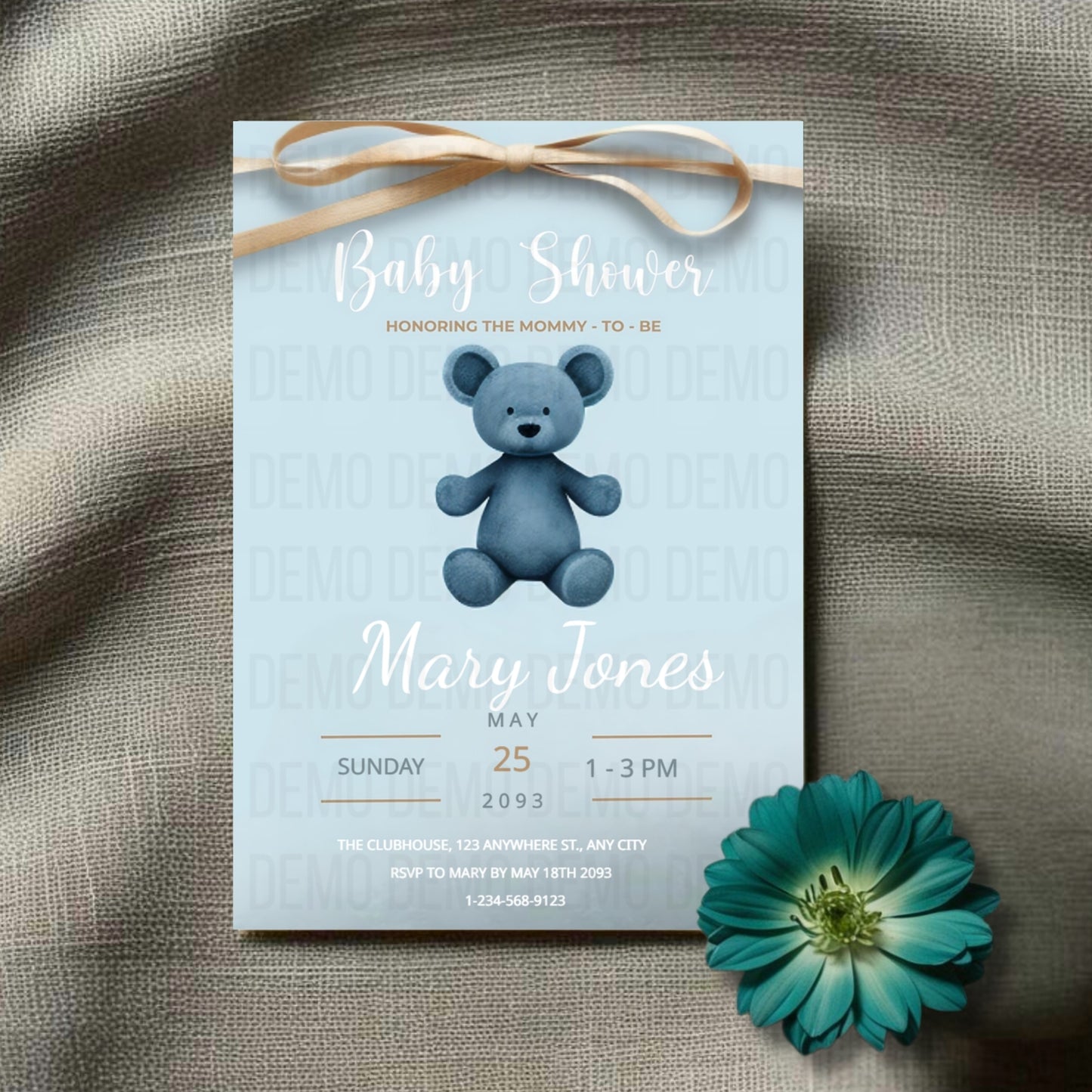 Blue Teddy Bear Baby Shower Invitation – Personalized Editable Template