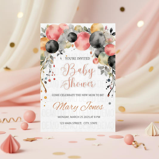 Baby shower invitation with colorful balloons and flowers on a soft pink background
