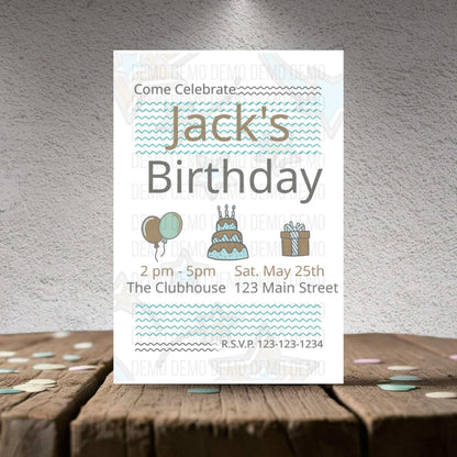 Minimalist Kids' Teal & Gold Birthday Invitation Template