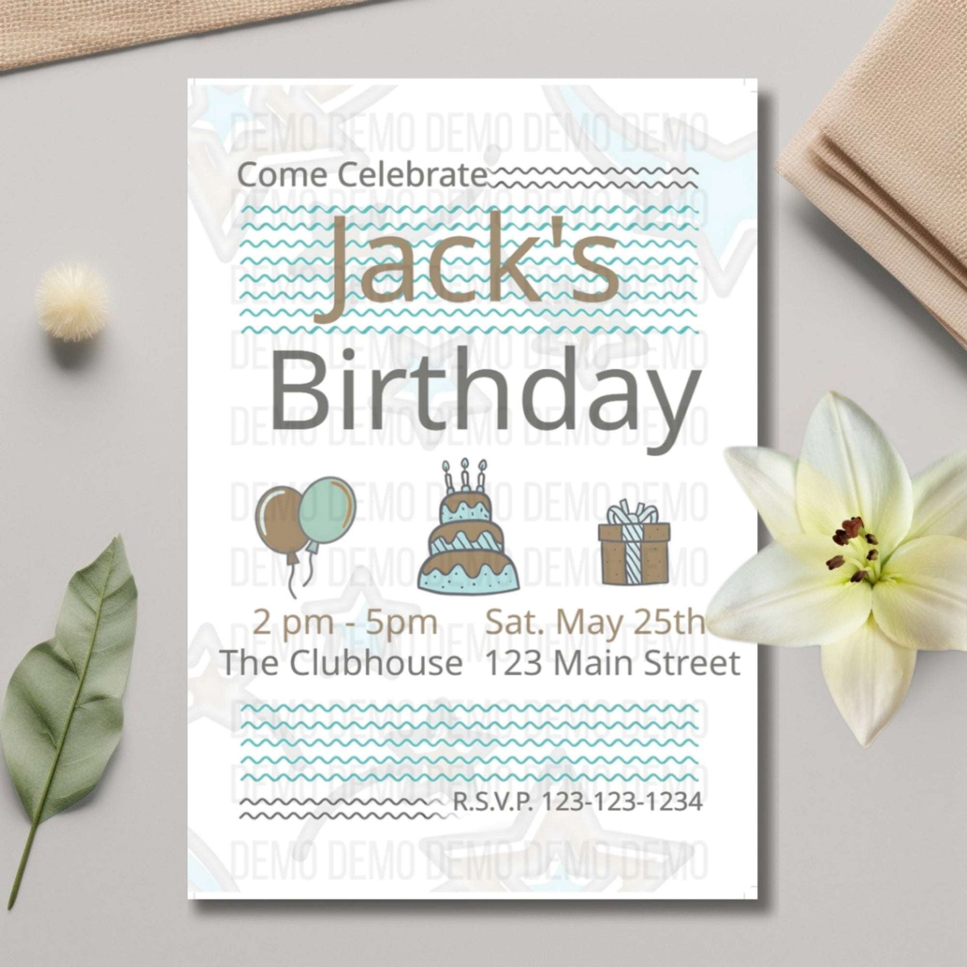 Minimalist Kids' Teal & Gold Birthday Invitation Template