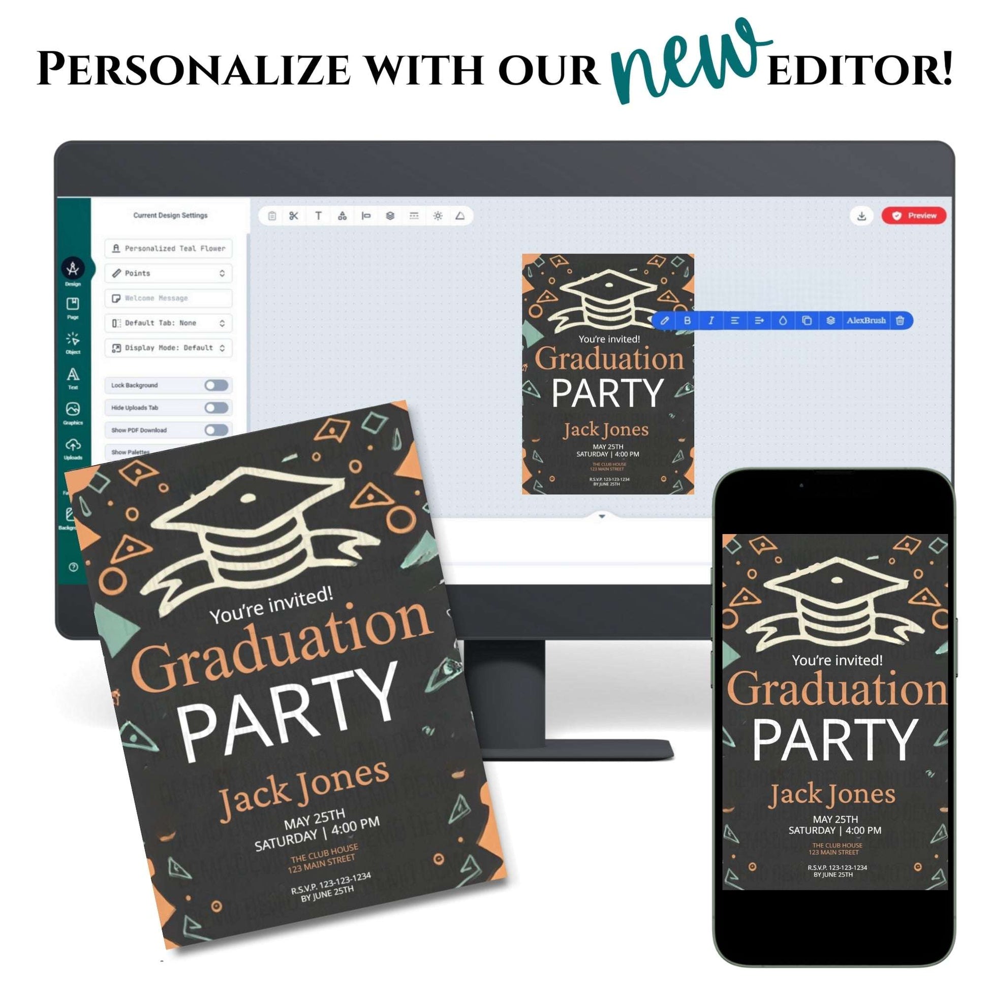 Graduation party invitation design on a computer screen with smartphone display