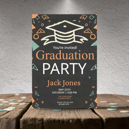 Graduation party invitation card on a wooden surface with a gray textured background