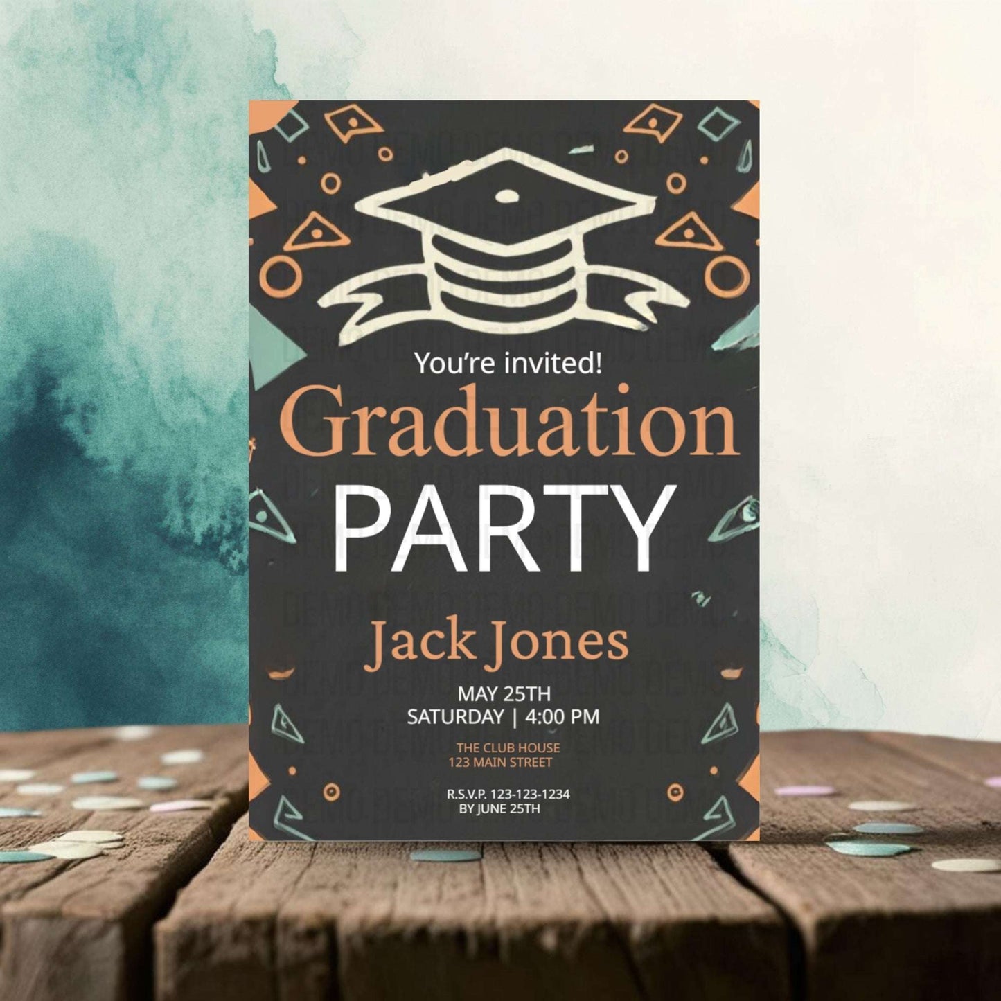 Graduation party invitation card on a wooden surface with a colorful background