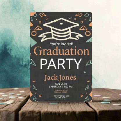 Graduation party invitation card on a wooden surface with a colorful background