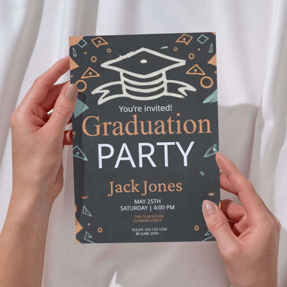 Graduation party invitation held by hands against a white curtain background