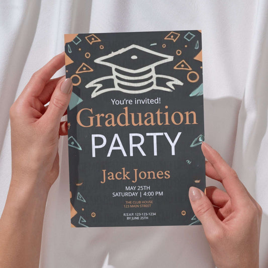 Graduation party invitation held by hands against a white curtain background