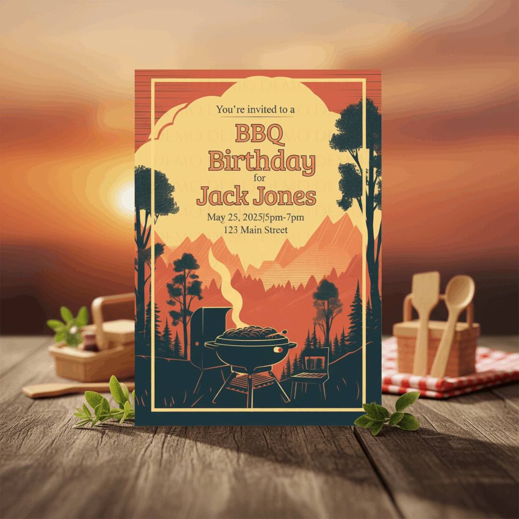 Mountain View BBQ Bash Invitation – Rustic Outdoor Party Editable Template