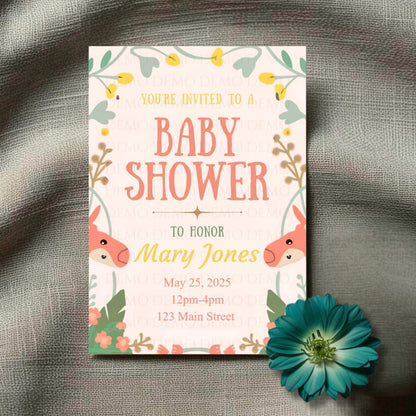 A baby shower invitation card with a floral border and cartoon animals on it, laid on a textured fabric background with a blue flower beside it.