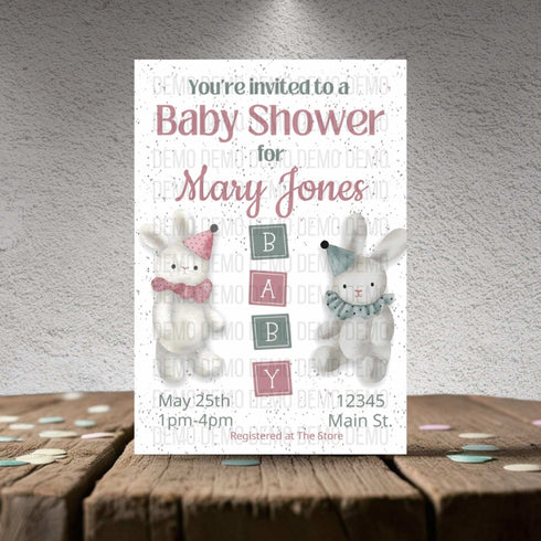 Neutral Bunny Baby Shower Invitation – Personalized Editable Template