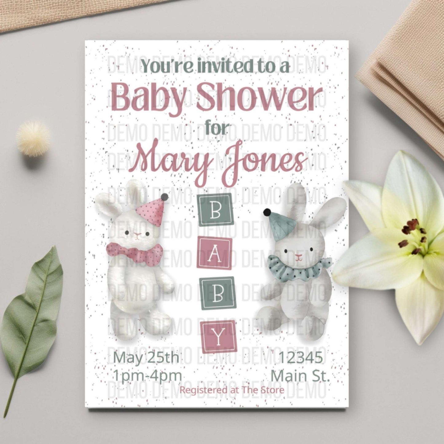 Neutral Bunny Baby Shower Invitation – Personalized Editable Template