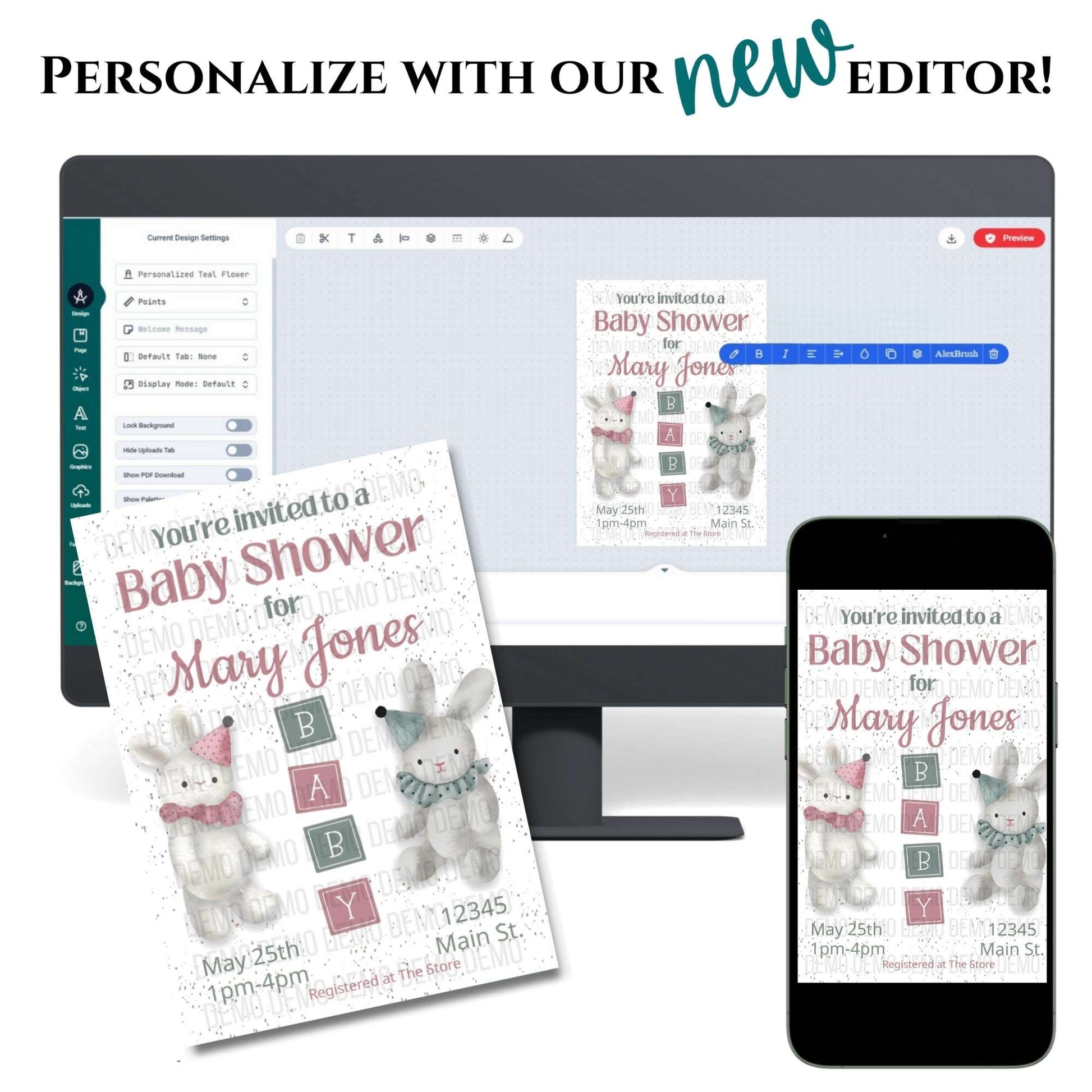 Neutral Bunny Baby Shower Invitation – Personalized Editable Template