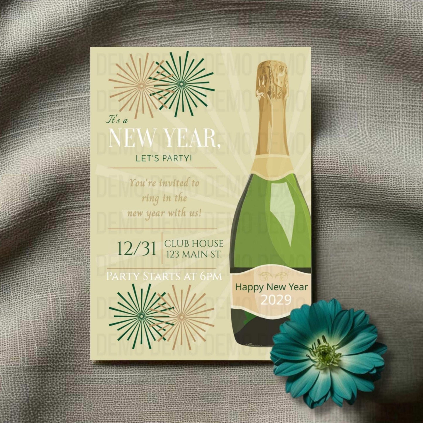 New Year's Eve party invitation with champagne bottle design on a textured surface with a flower.