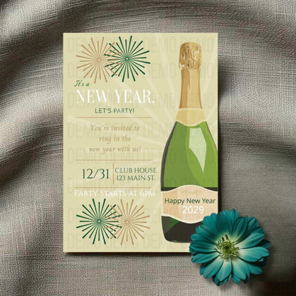 New Year's Eve party invitation with champagne bottle design on a textured surface with a flower.