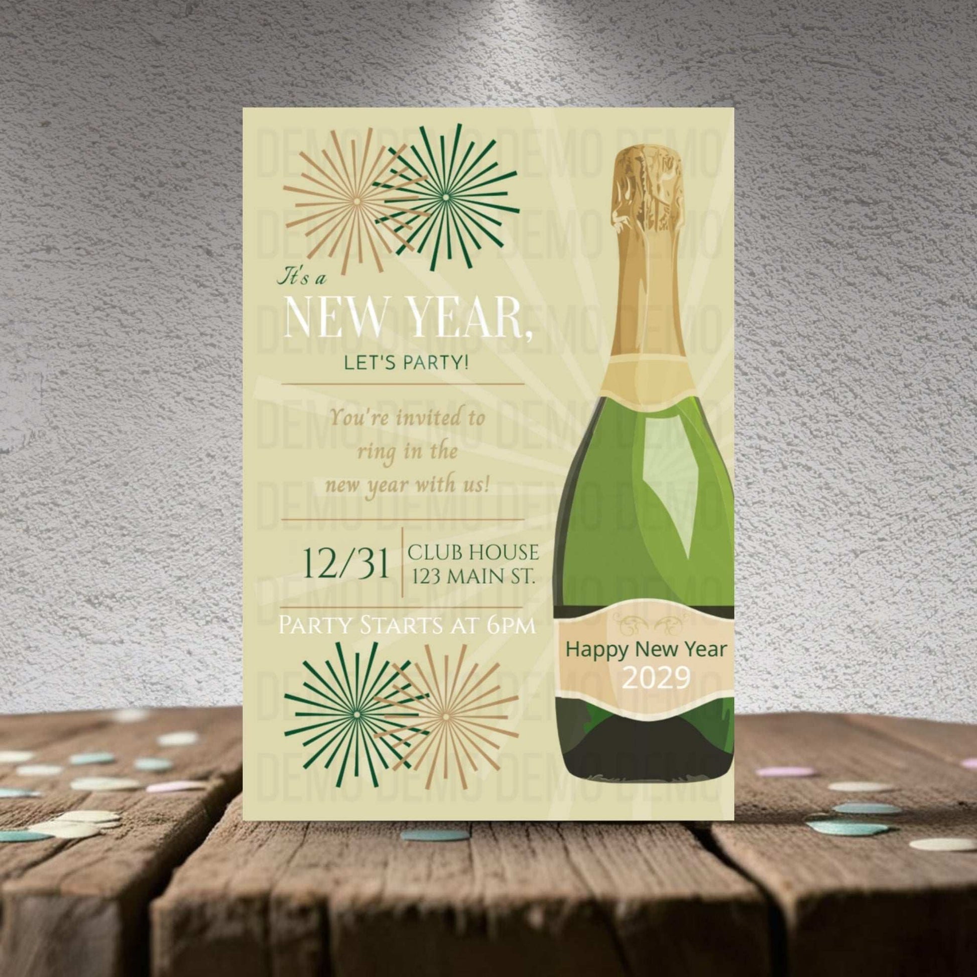 New Year's Eve party invitation with champagne bottle design on a textured surface