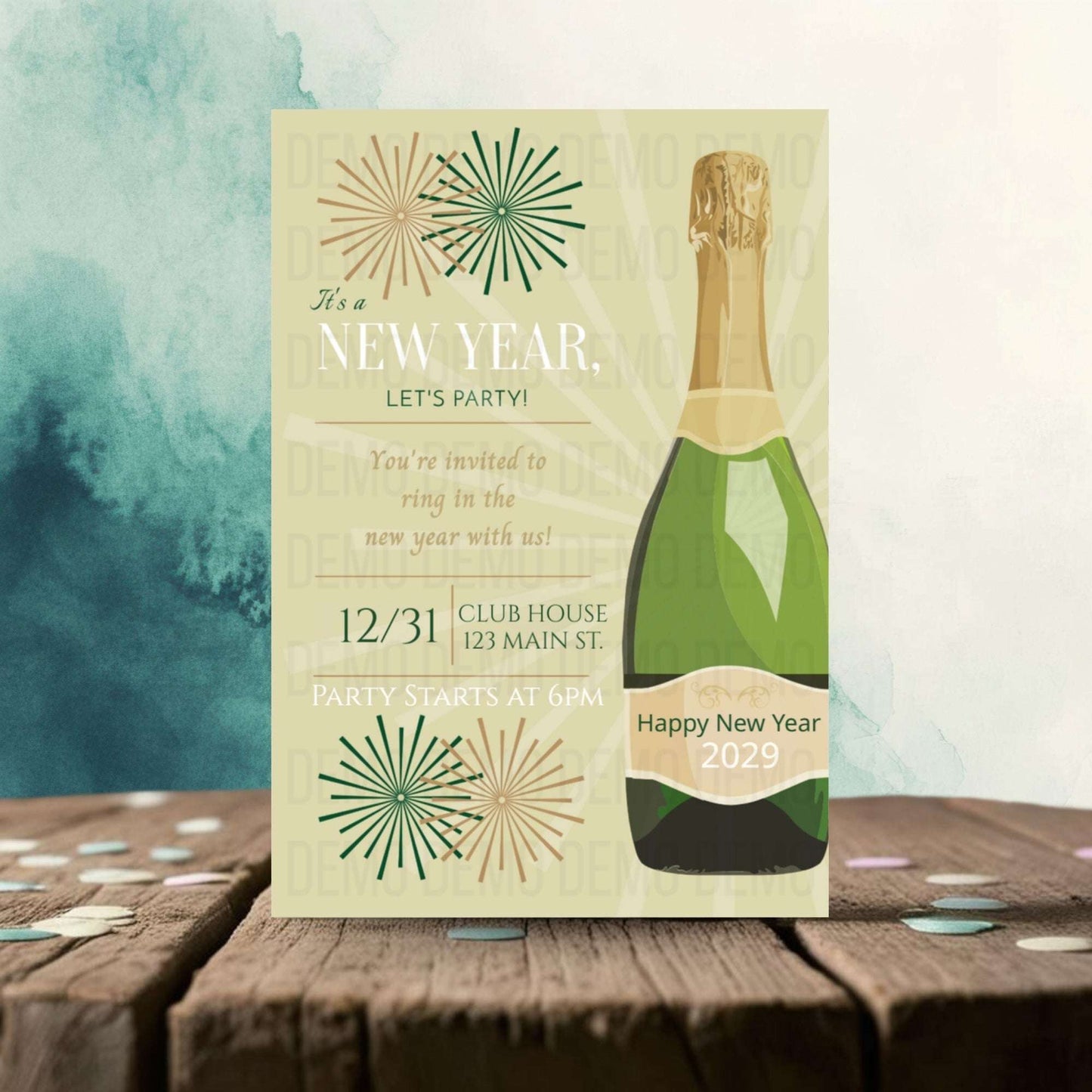 New Year's Eve party invitation with champagne bottle design on a wooden surface.