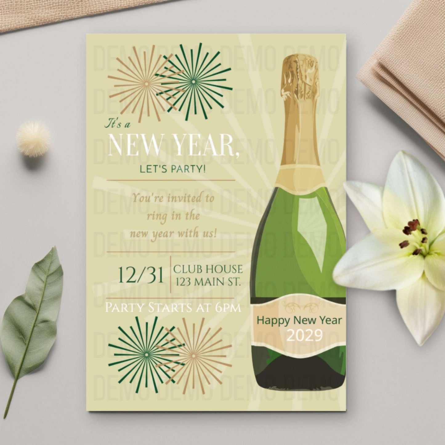 New Year's Eve party invitation with champagne bottle design on a light surface with flowers and leaves.