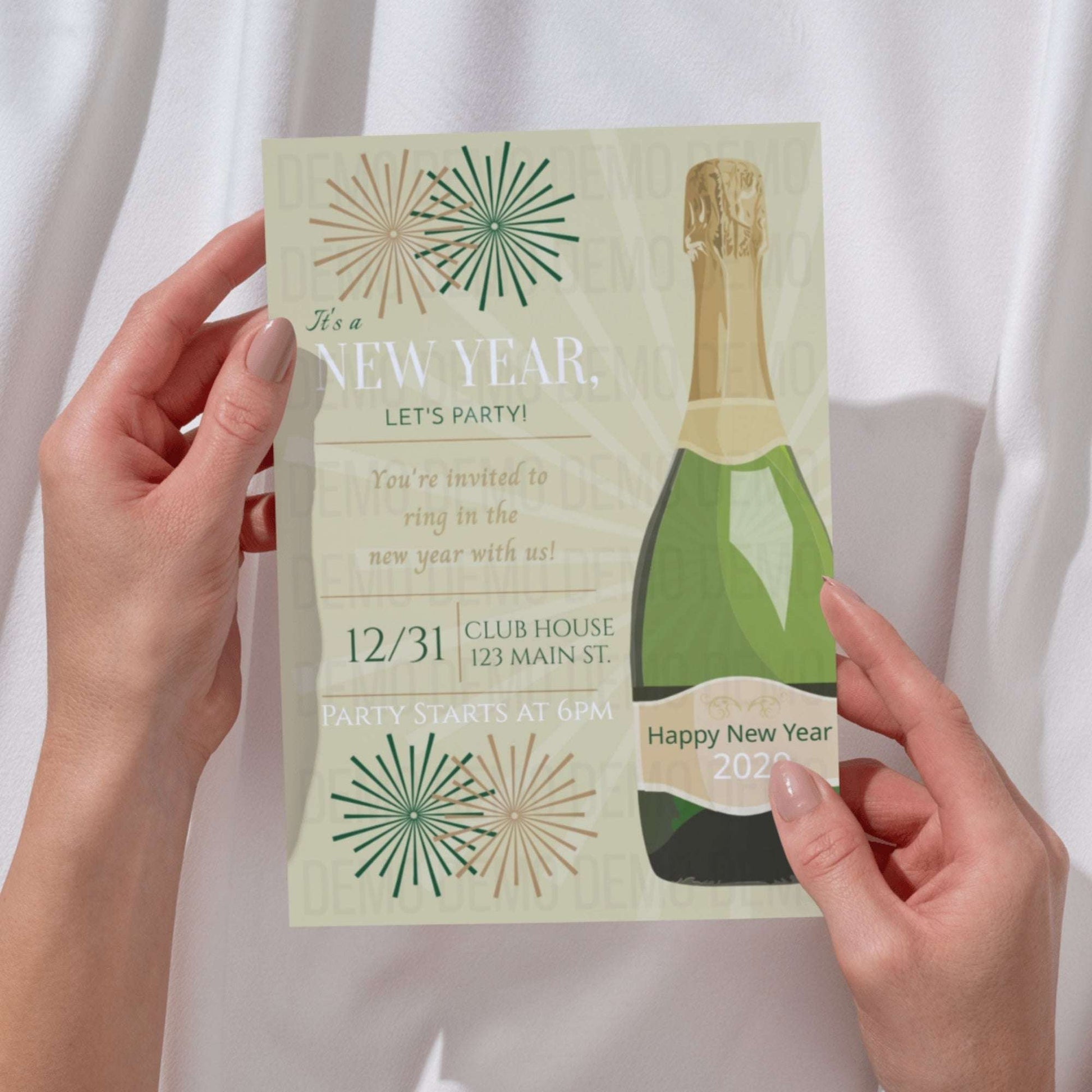 New Year's Eve party invitation held by hands with a bottle of champagne design.