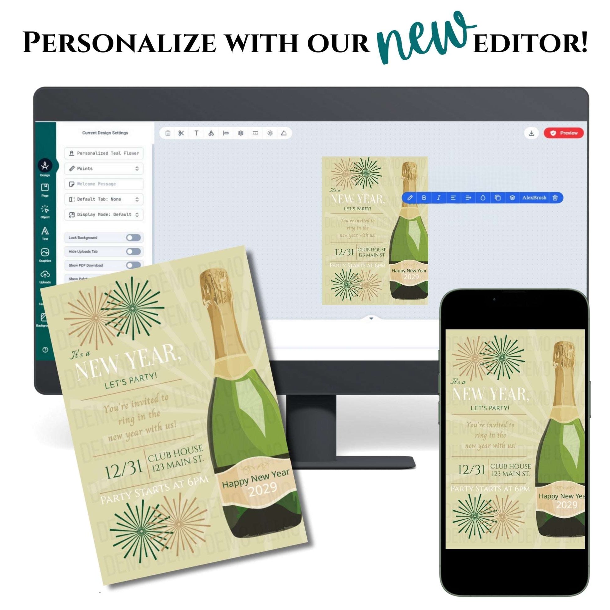 New Year's Eve party invitation design on a computer, phone, and paper with text 'Personalize with our new editor!'.
