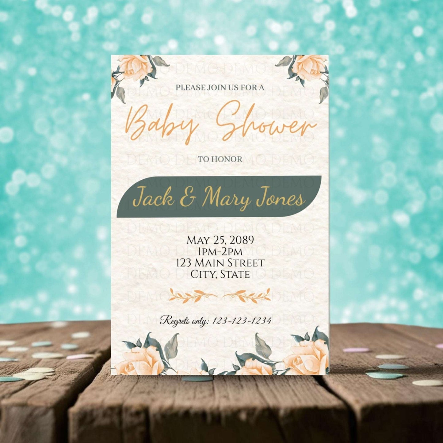 Peach & Green Floral Baby Shower Invite