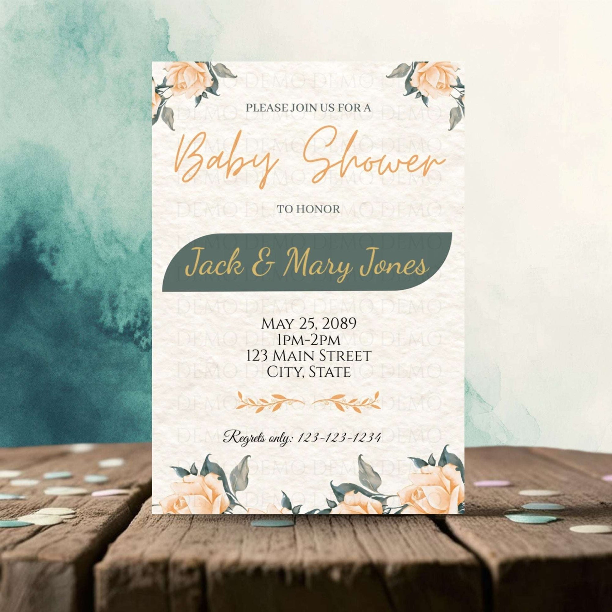 Peach & Green Floral Baby Shower Invite