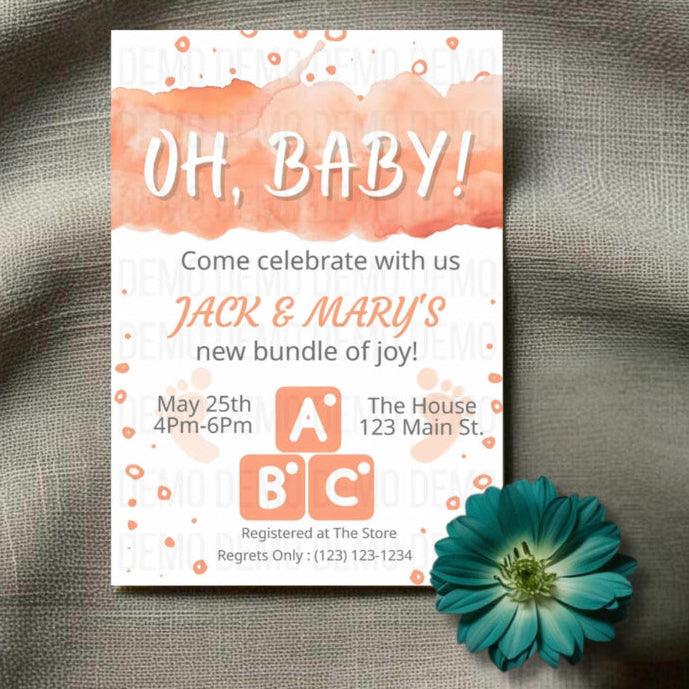 Baby shower invitation with 'OH, BABY!' text and floral design on a textured fabric background.