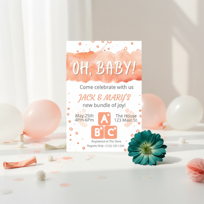 Peach “Oh Baby” Baby Shower Invitation – Personalized Editable Template