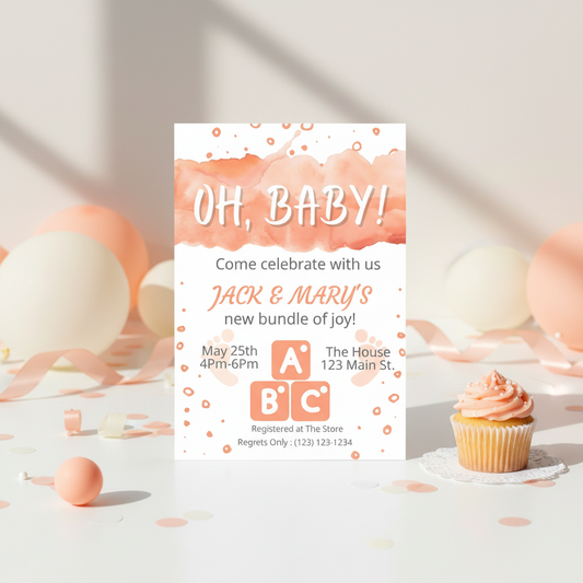 Baby shower invitation with pink decorations and a cupcake on a light background