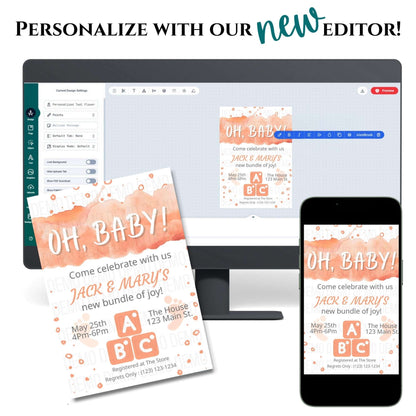 Baby shower invitation design on a computer screen, phone, and paper with text 'Personalize with our new editor'.