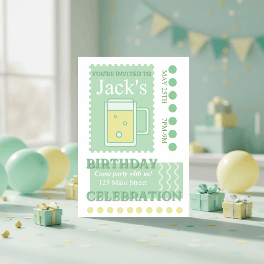 Birthday invitation card with a drink graphic on a festive background with balloons and decorations.