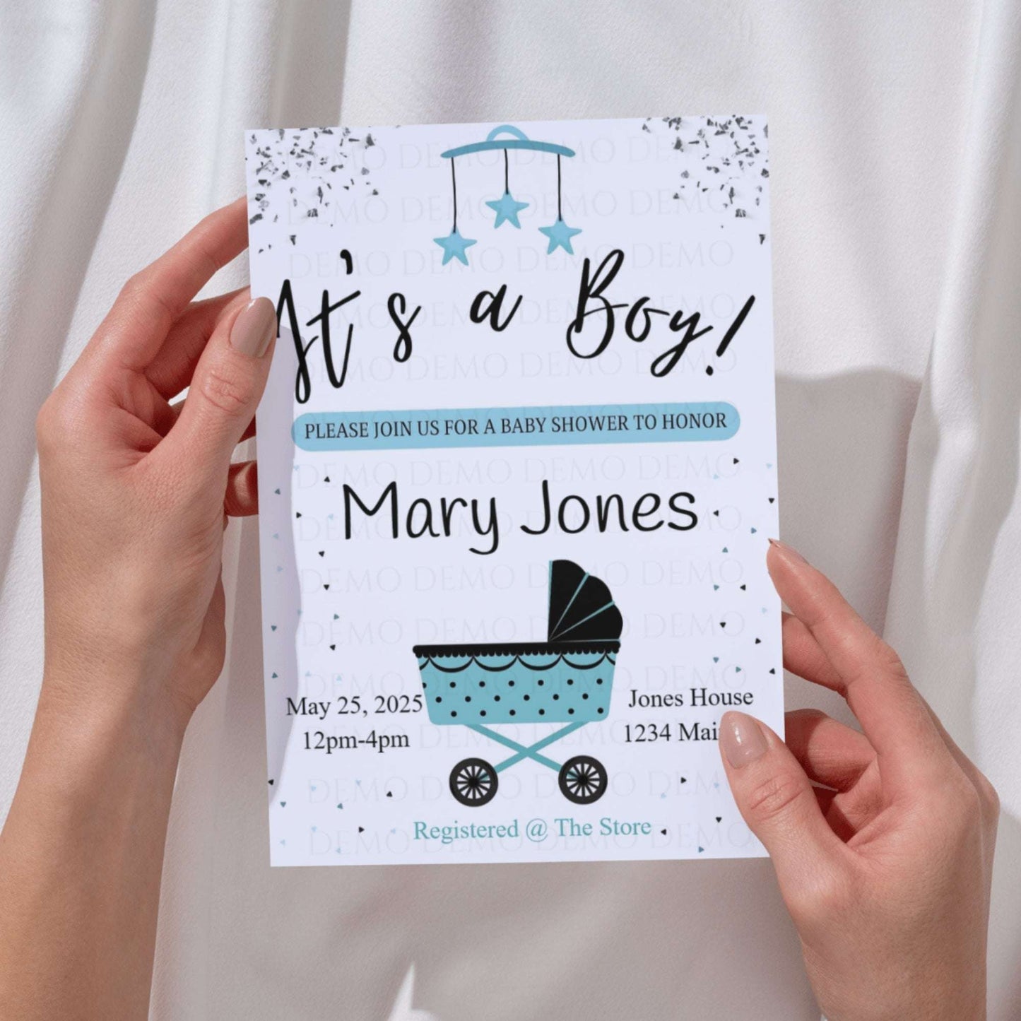 Personalized Boy Buggy Baby Shower Invitation – Editable Template