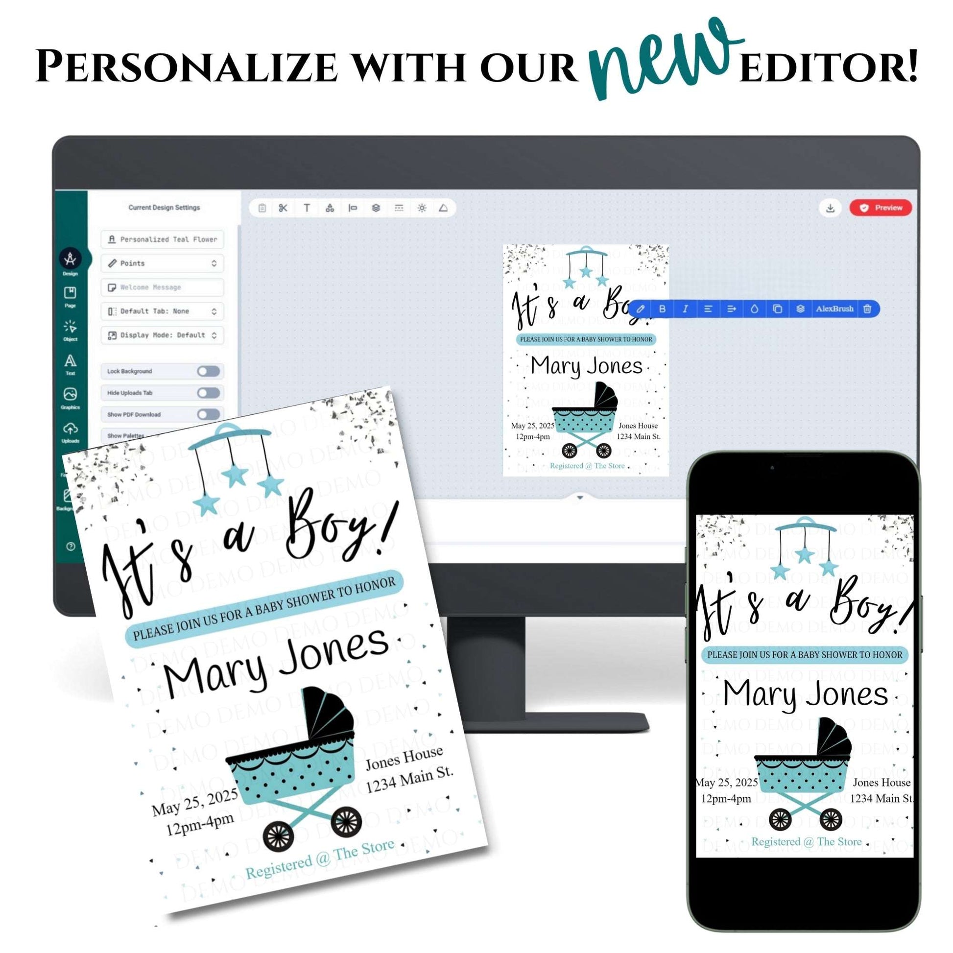 Personalized Boy Buggy Baby Shower Invite