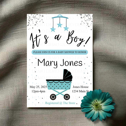 A personalized baby shower invite with a blue buggy and stars, titled 'It's a Boy!' along with a name placeholder, date, and location for a baby shower.