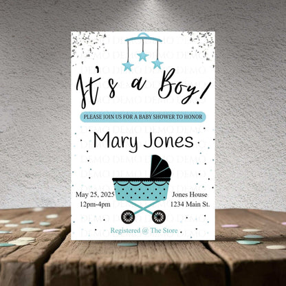 Personalized Boy Buggy Baby Shower Invite