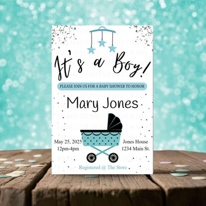 Personalized Boy Buggy Baby Shower Invite