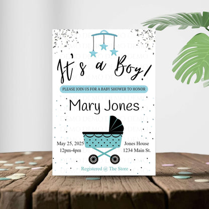 Personalized Boy Buggy Baby Shower Invite