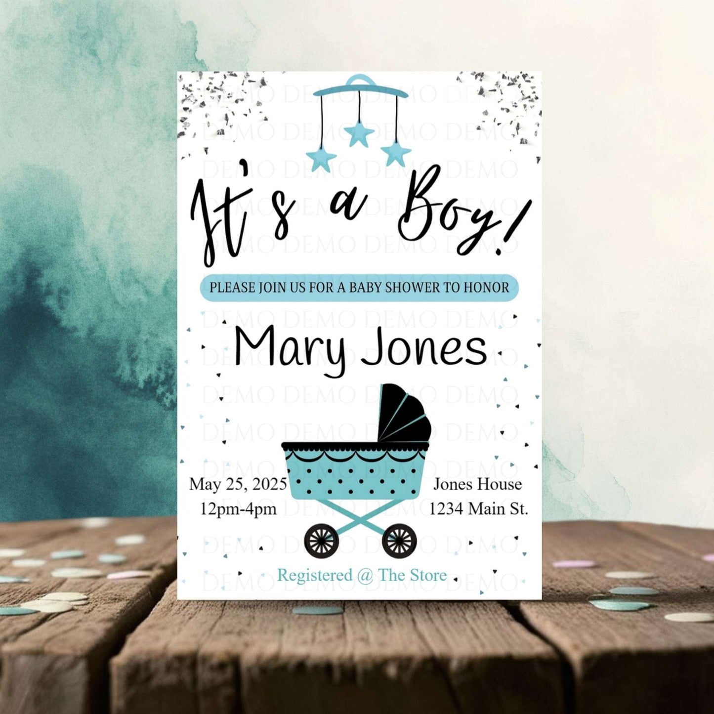 Personalized Boy Buggy Baby Shower Invite