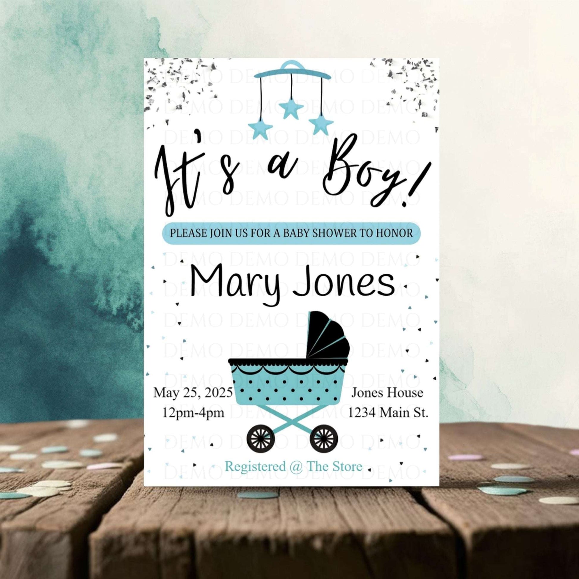 Personalized Boy Buggy Baby Shower Invite