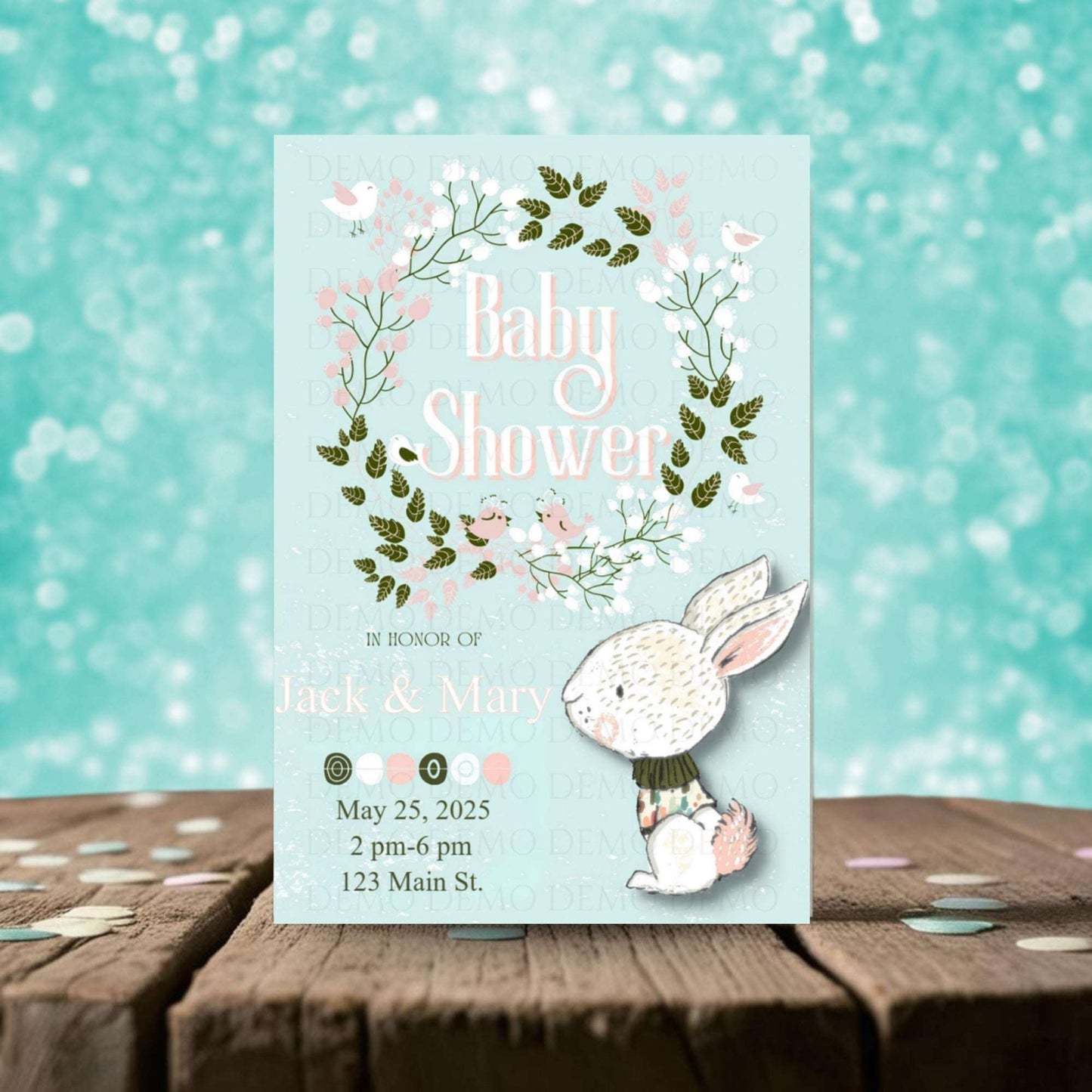Floral Wreath Bunny Baby Shower Invitation – Personalized Editable Template