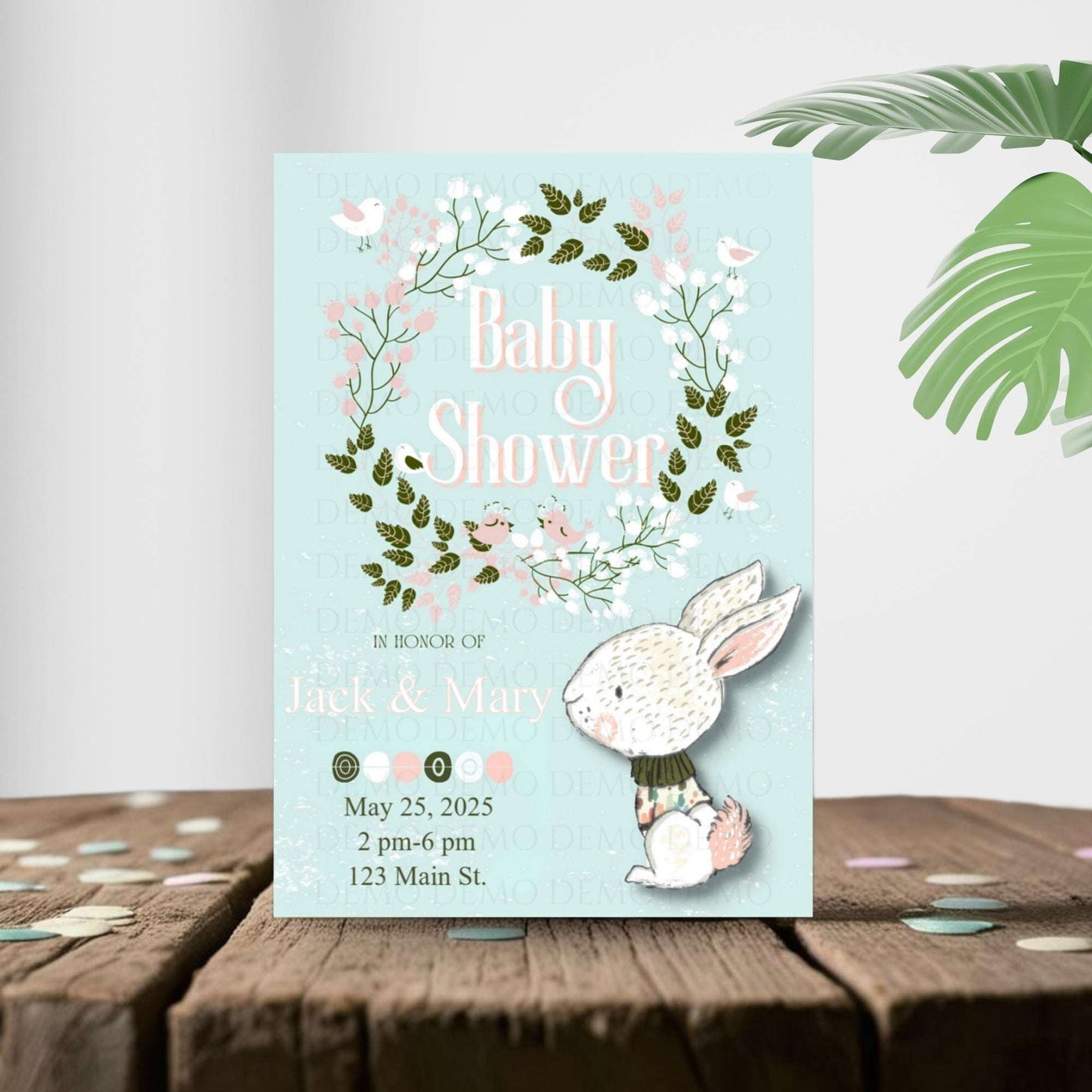 Floral Wreath Bunny Baby Shower Invitation – Personalized Editable Template