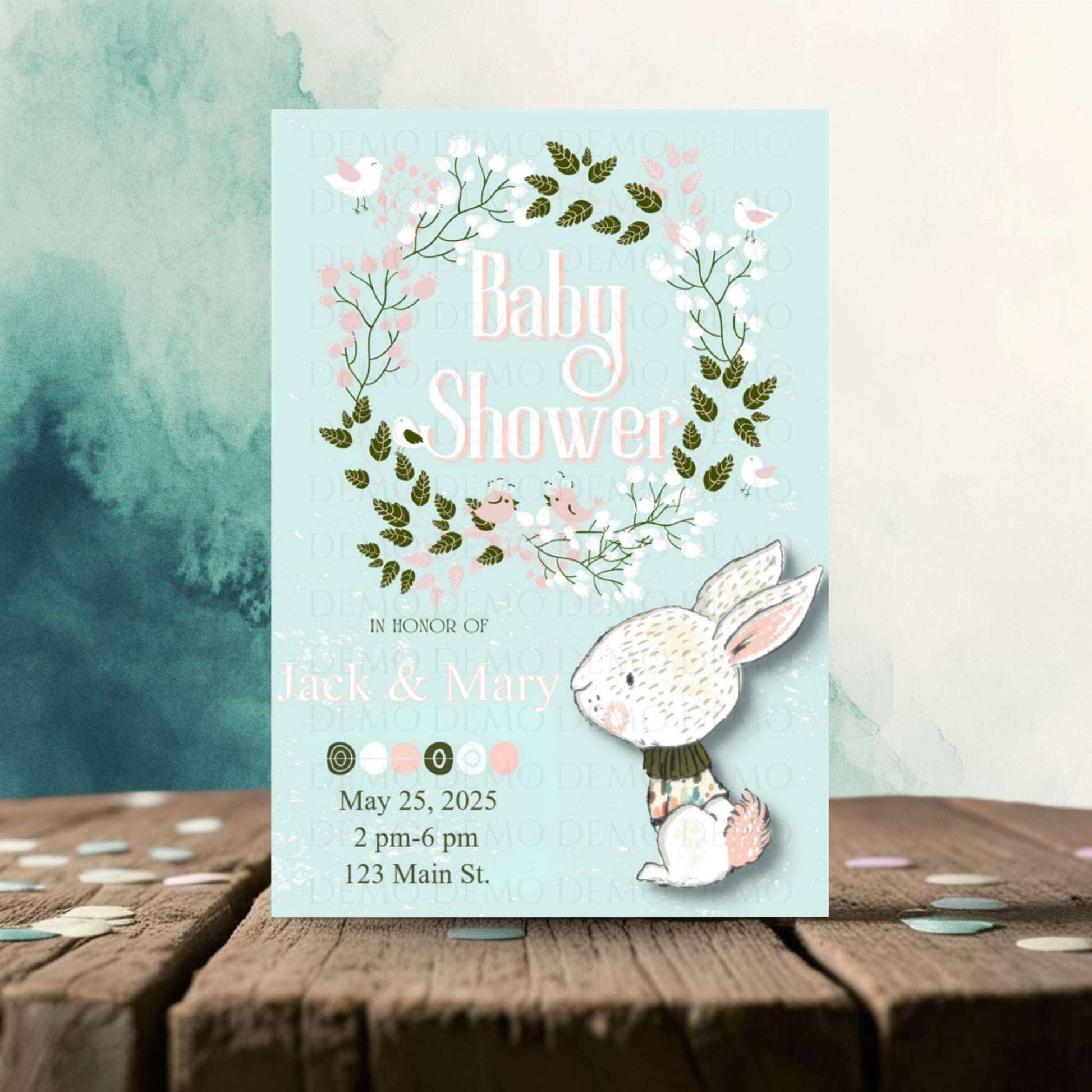 Floral Wreath Bunny Baby Shower Invitation – Personalized Editable Template