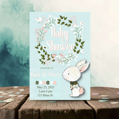 Floral Wreath Bunny Baby Shower Invitation – Personalized Editable Template