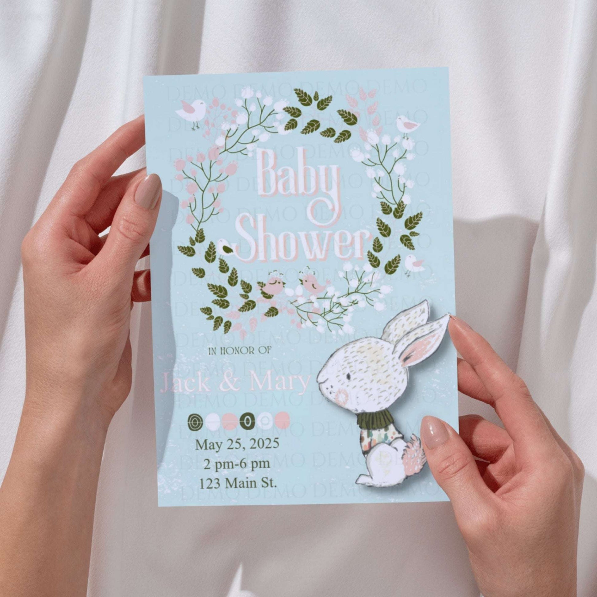 Floral Wreath Bunny Baby Shower Invitation – Personalized Editable Template