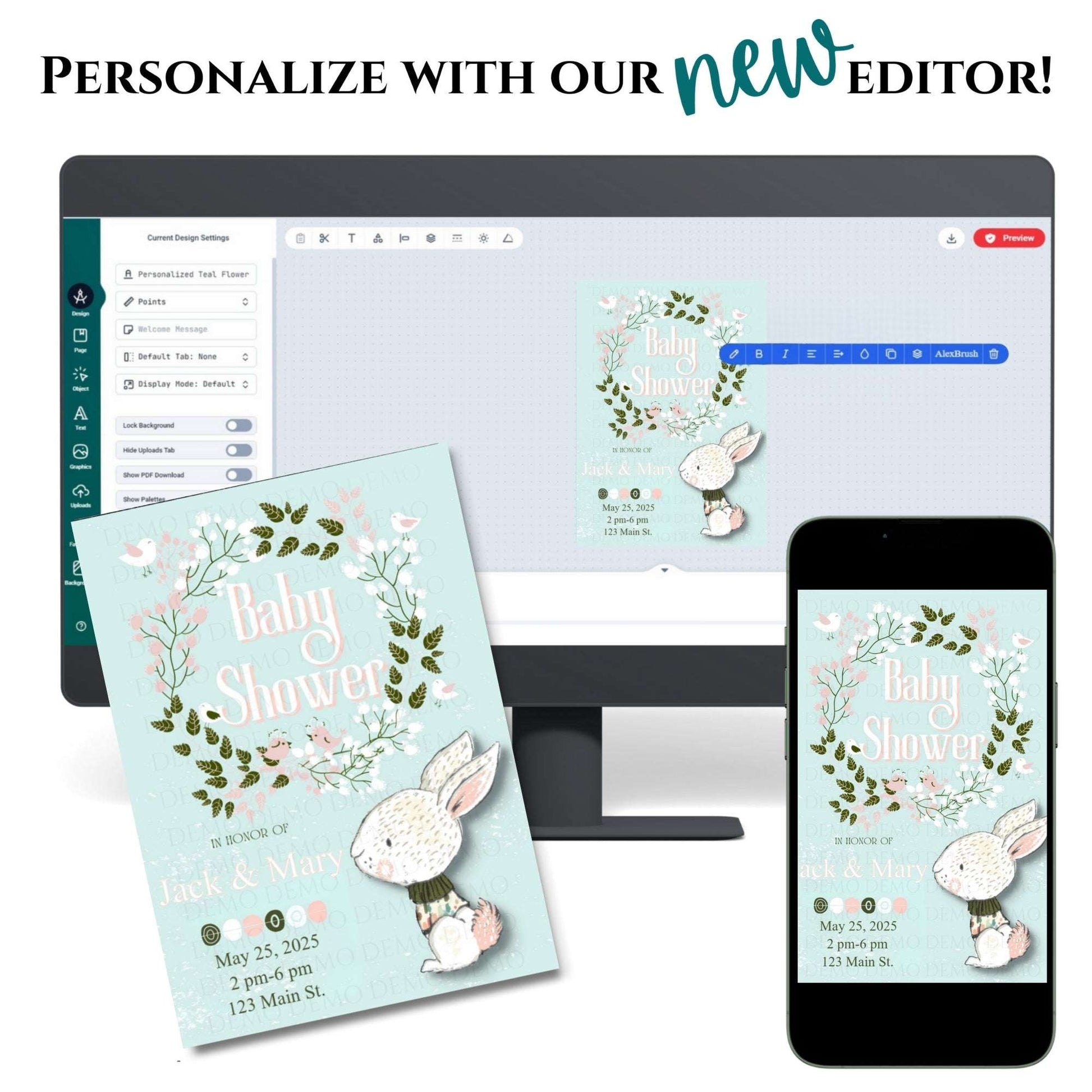 Floral Wreath Bunny Baby Shower Invitation – Personalized Editable Template