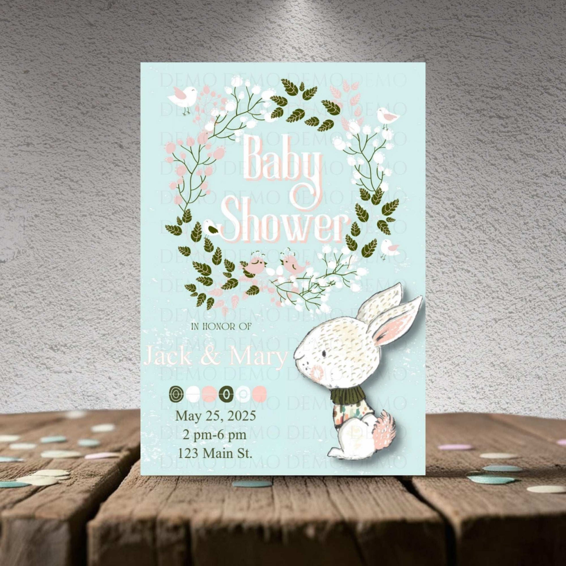 Floral Wreath Bunny Baby Shower Invitation – Personalized Editable Template