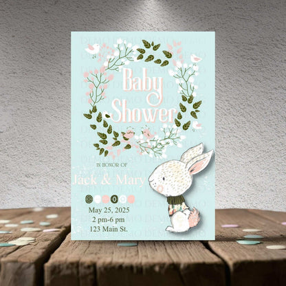 Floral Wreath Bunny Baby Shower Invitation – Personalized Editable Template