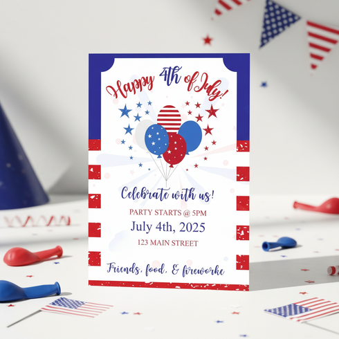 4th of July party invitation with balloons and American flags on a white background