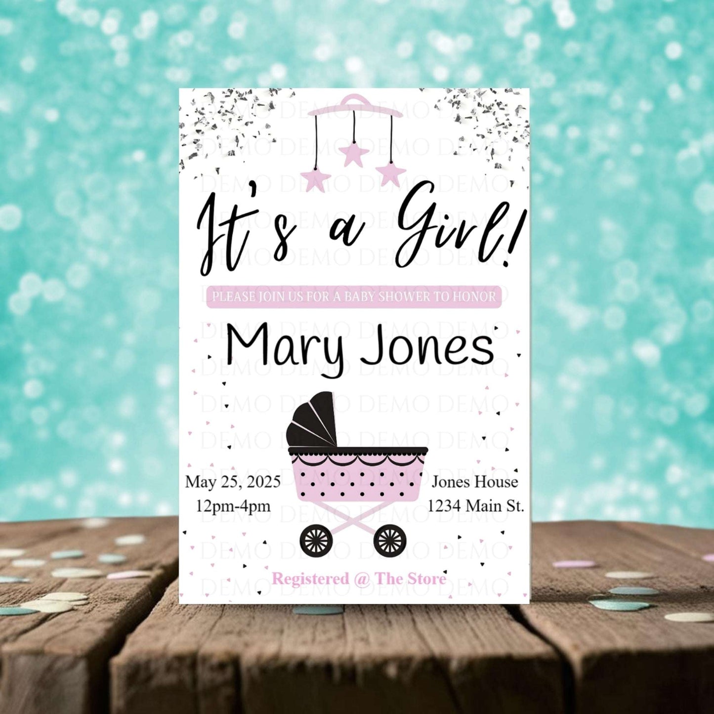 Personalized Girl Buggy Baby Shower Invite